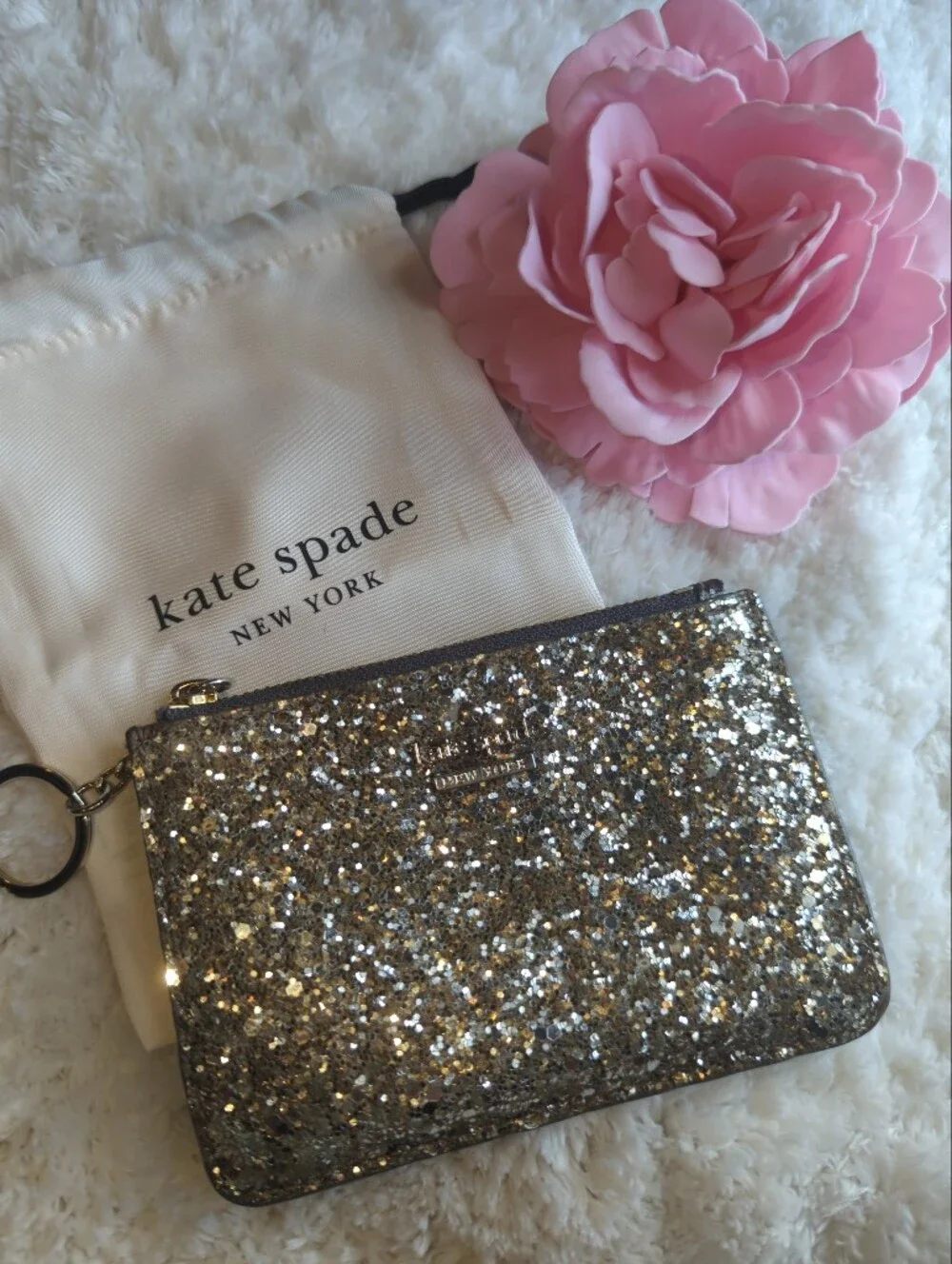 Kate Spade Glitter Rare Zip Coin Purse Wallet Card Holder Silver With Dust Bag